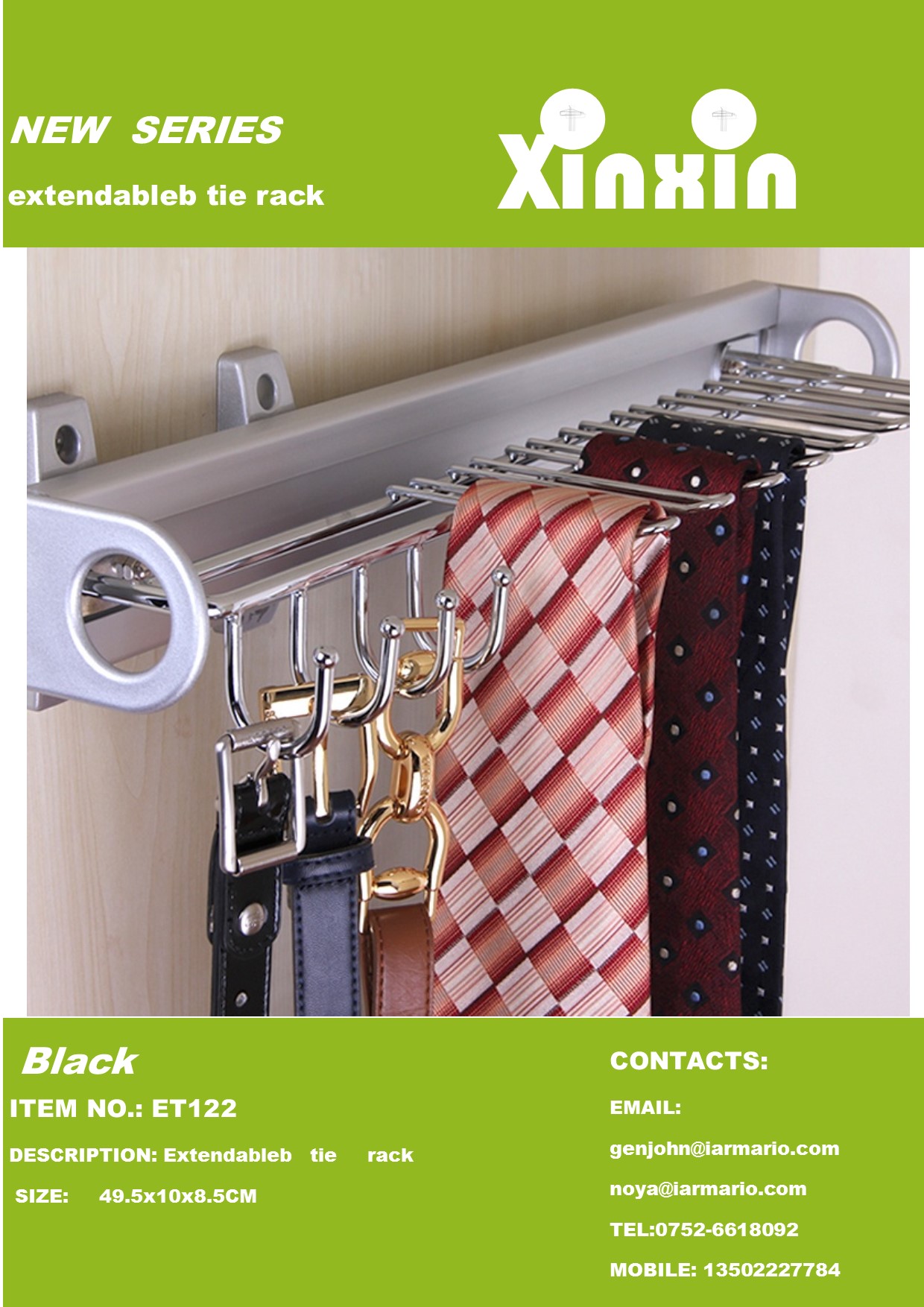 Push- Pull Tie and Belt Rack with Hook